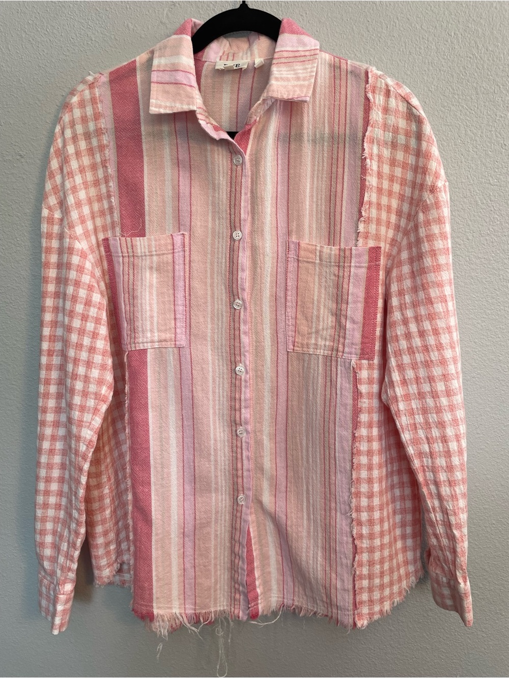 BKE Pink Mixed Print Gingham Stripe Raw Hem Button Down Shirt Large
